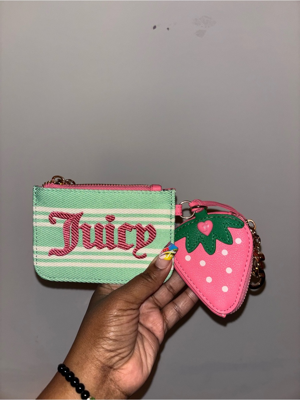 Juicy Couture Pink Strawberry Charm Card Case with Mint Stripe